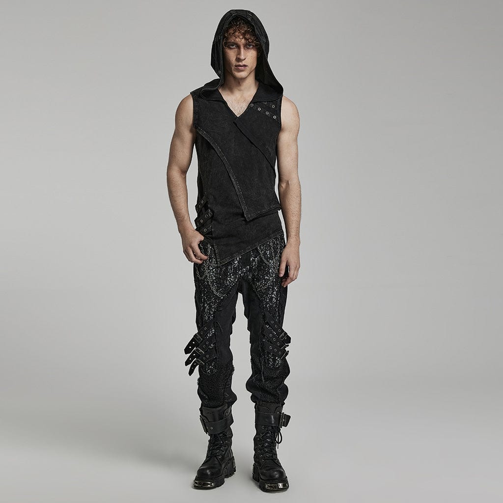 PUNK RAVE Men's Punk Mesh Splice Strap Pants