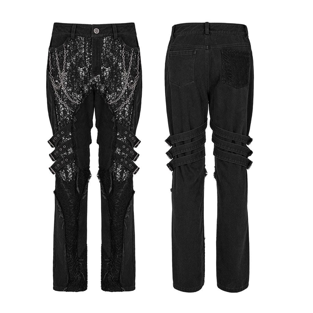 PUNK RAVE Men's Punk Mesh Splice Strap Pants