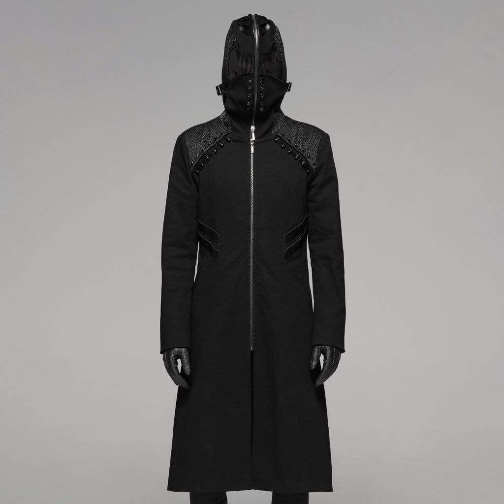 Men's Punk Military Style Rivets Hooded Long Jacket