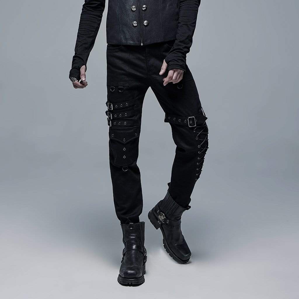 Men's Punk Multi Pockets Buckles Black Pants