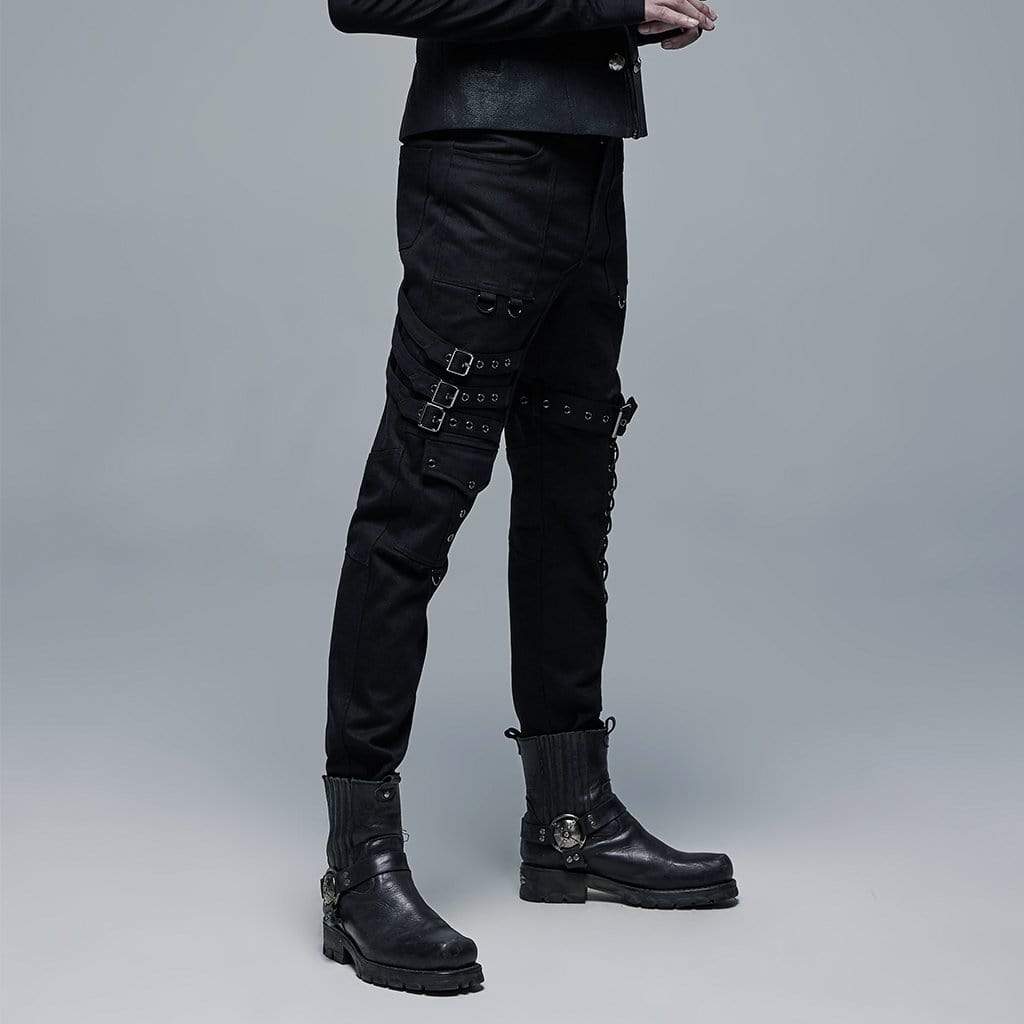 Men's Punk Multi Pockets Buckles Black Pants