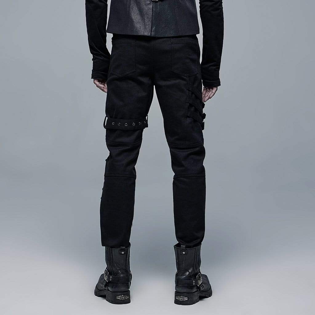 Men's Punk Multi Pockets Buckles Black Pants