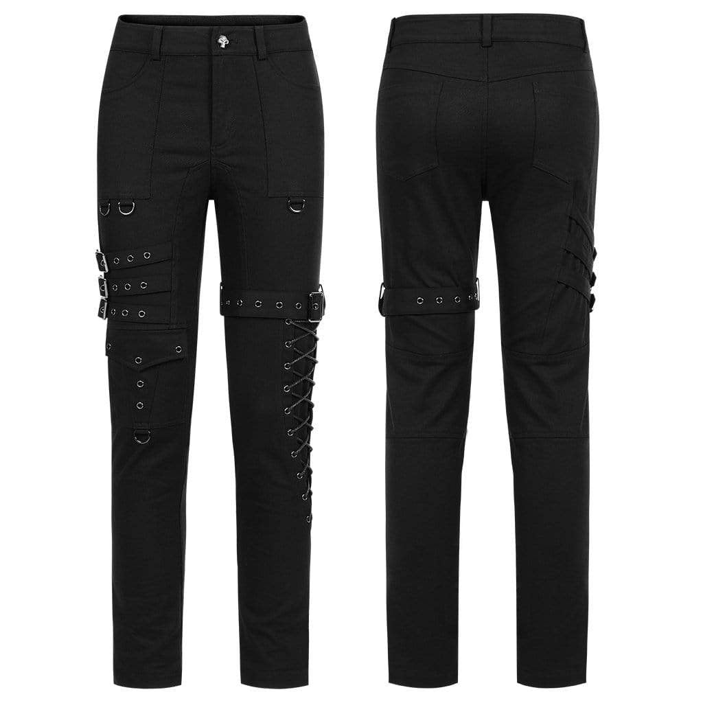 Men's Punk Multi Pockets Buckles Black Pants