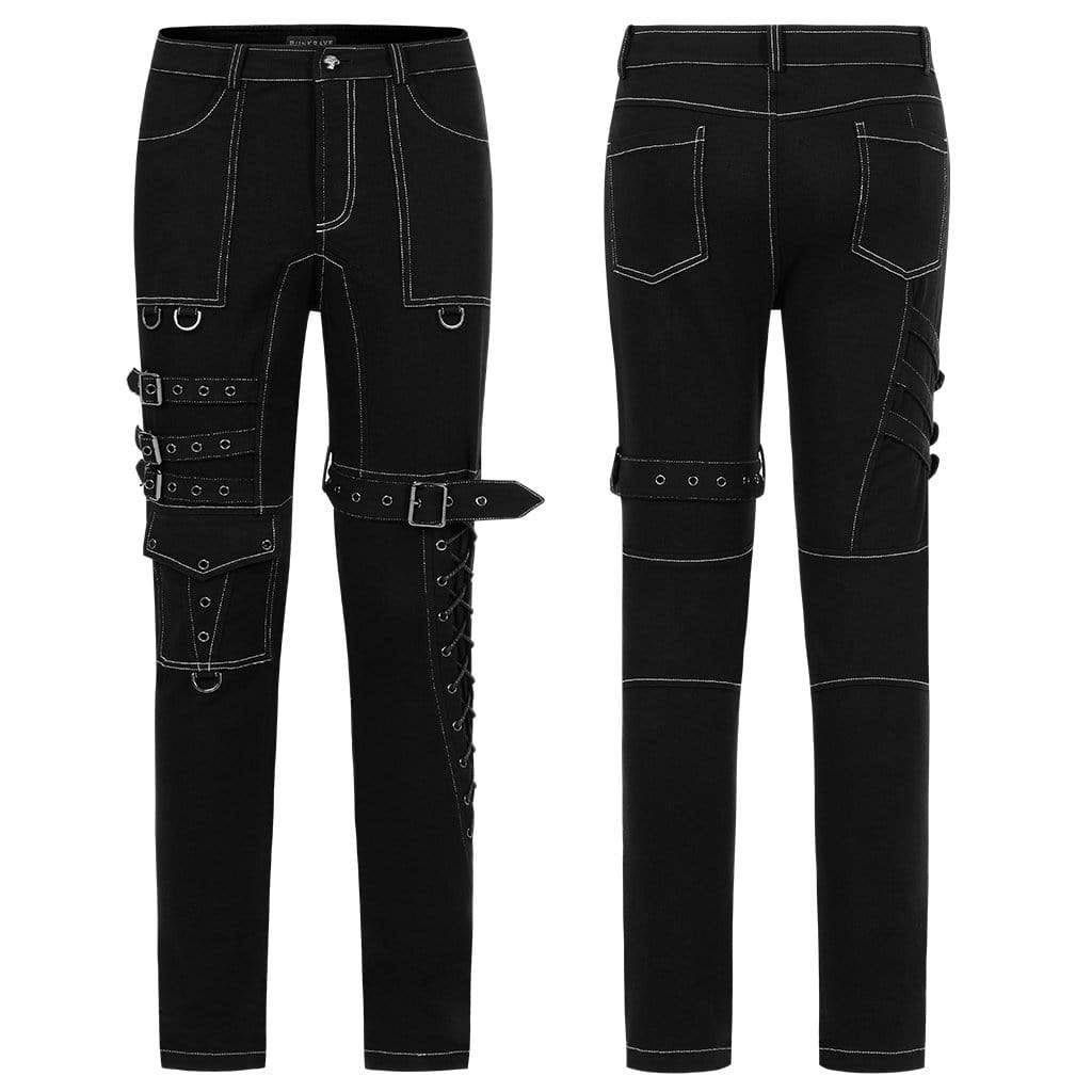 Men's Punk Multi Pockets Buckles Black Pants