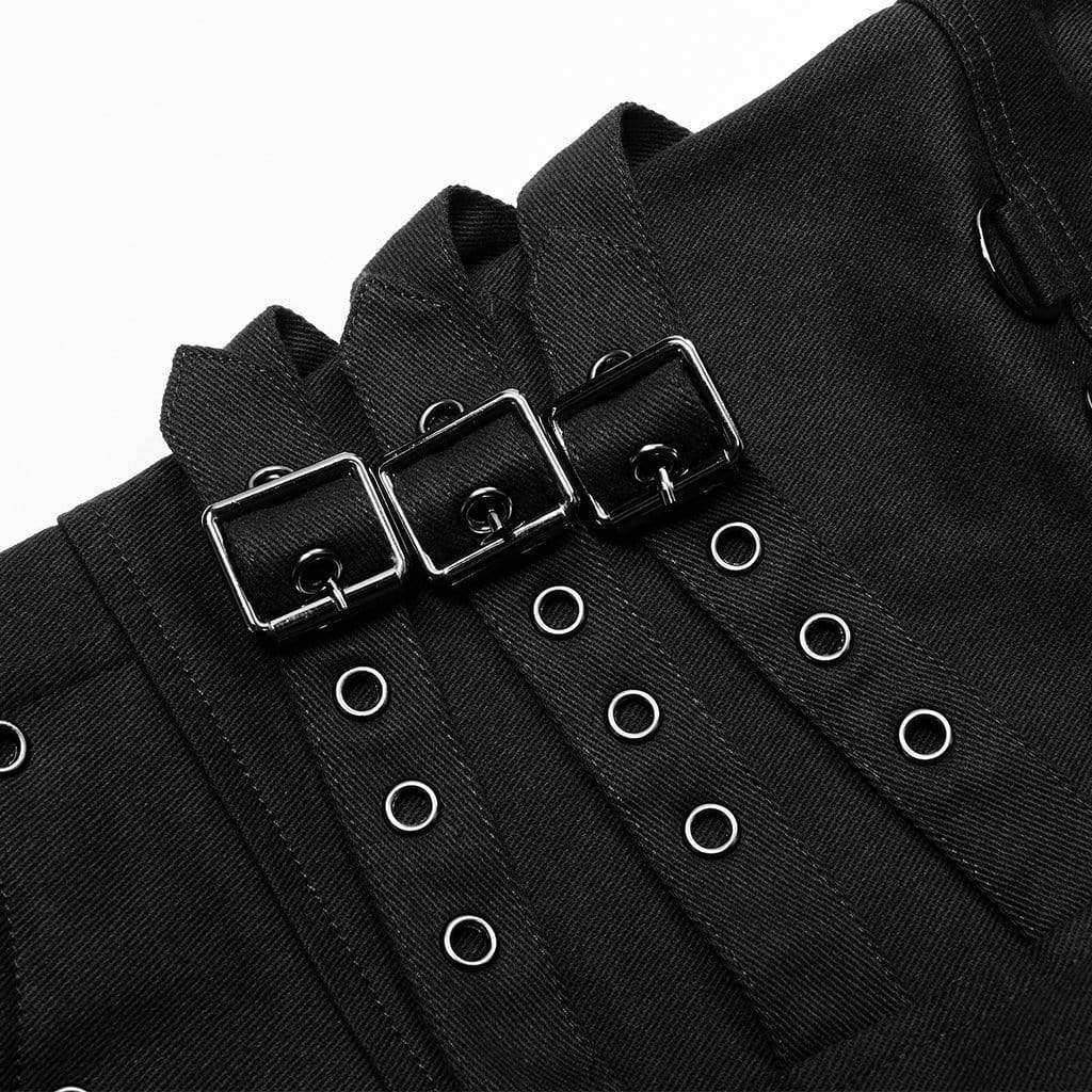 Men's Punk Multi Pockets Buckles Black Pants