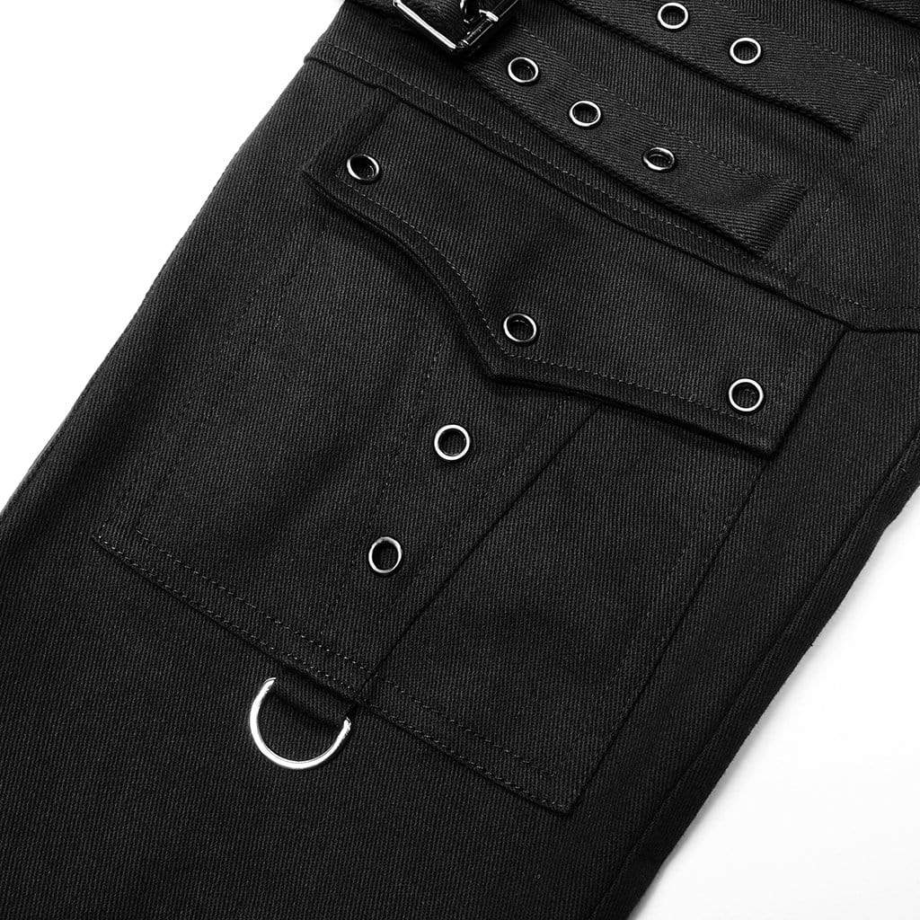 Men's Punk Multi Pockets Buckles Black Pants