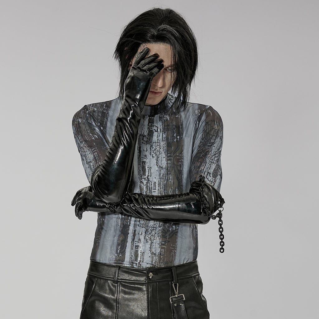 PUNK RAVE Men's Punk Patent Leather Long Gloves with Chain