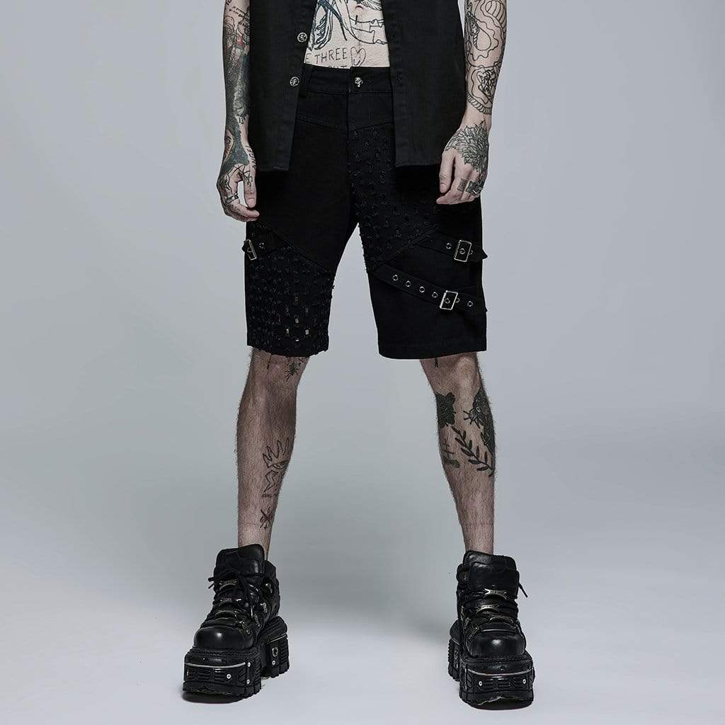 Punk Rave Men's Punk Ripped Buckle Splice Shorts