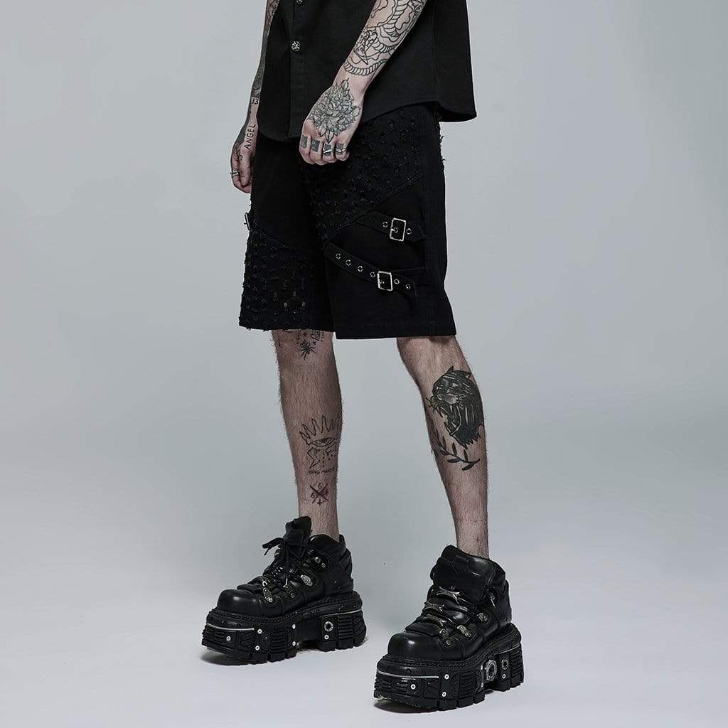 Punk Rave Men's Punk Ripped Buckle Splice Shorts