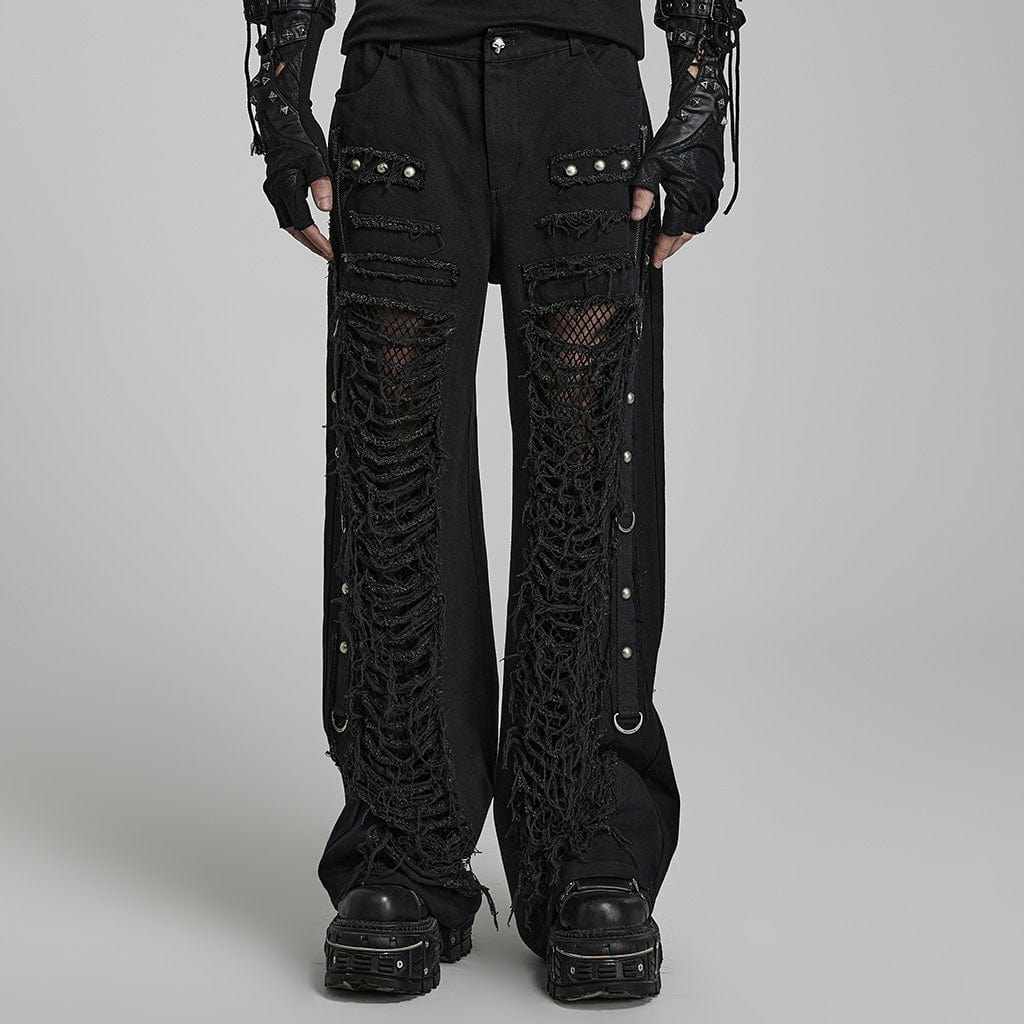PUNK RAVE Men's Punk Ripped Mesh Splice Straight Pants