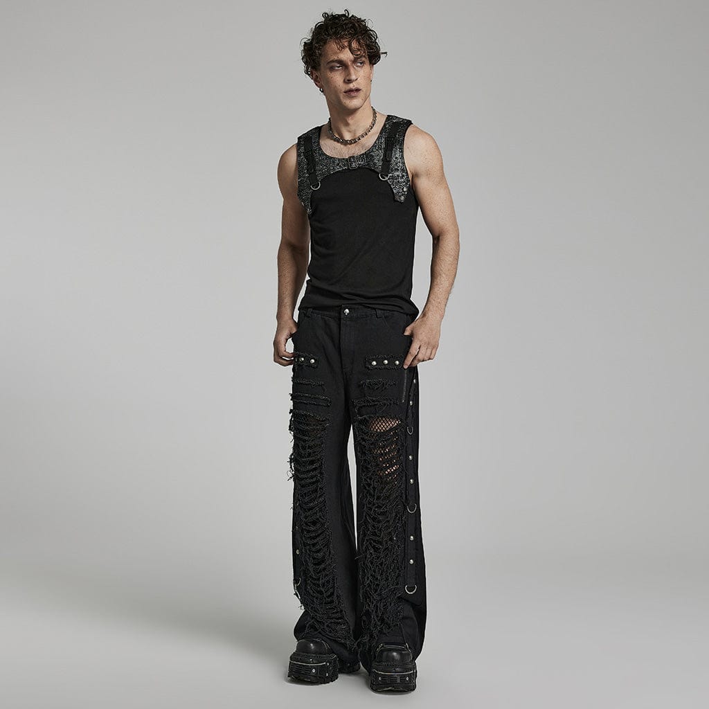 PUNK RAVE Men's Punk Ripped Mesh Splice Straight Pants