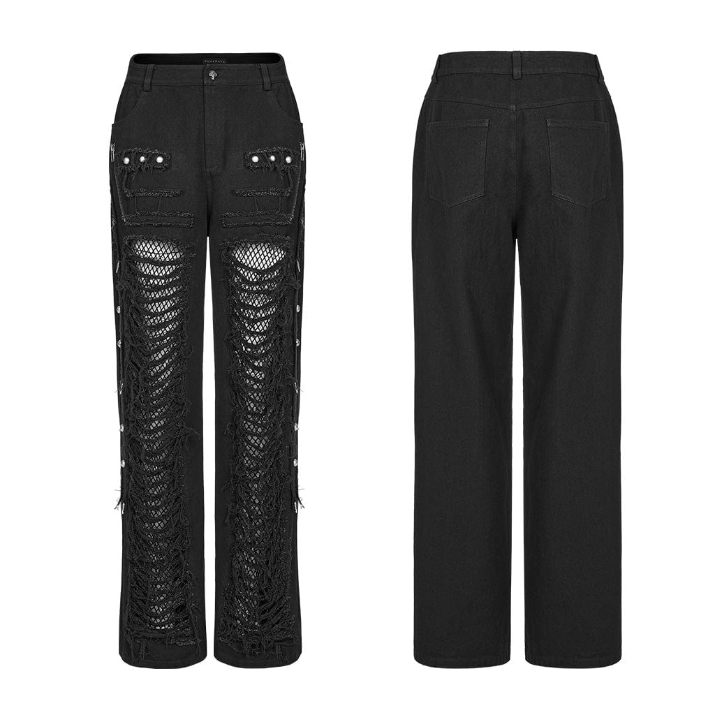 PUNK RAVE Men's Punk Ripped Mesh Splice Straight Pants