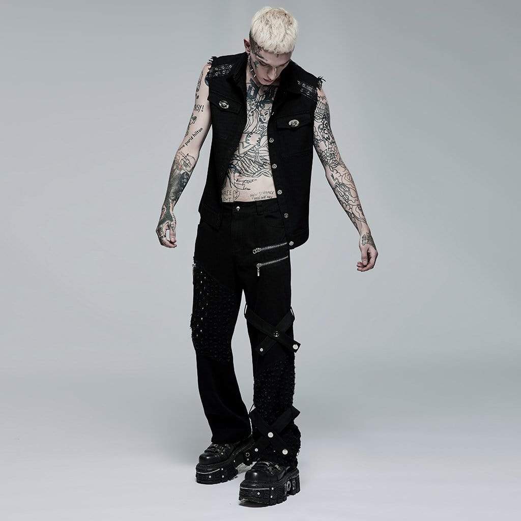 Punk Rave Men's Punk Ripped Zipper Straight Pants