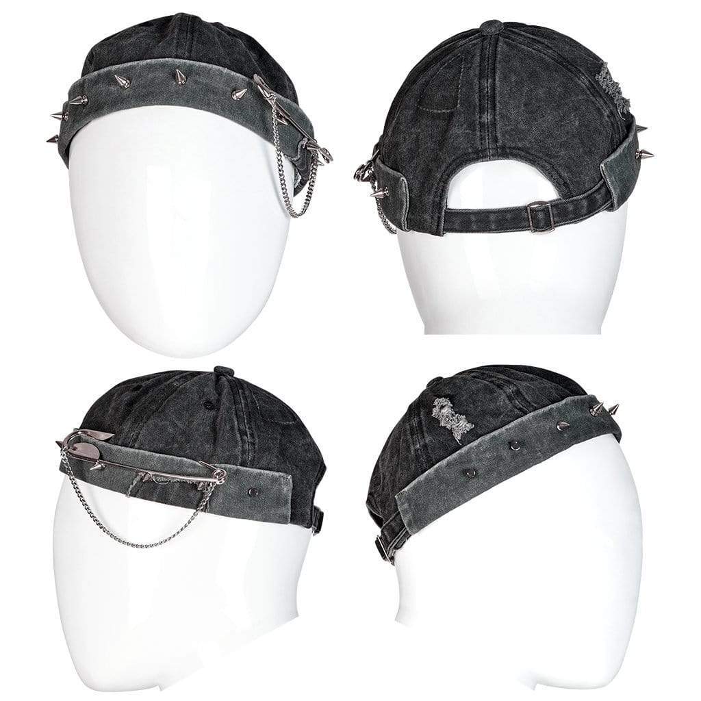 Punk Rave Men's Punk Rivet Denim Hat with Clip Chain