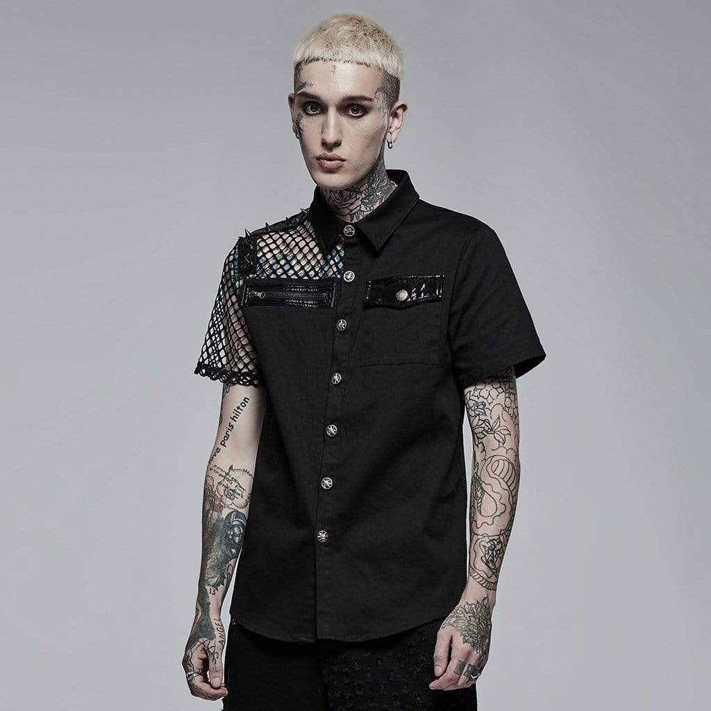 Punk Rave Men's Punk Rivet Splice Mesh Shirt