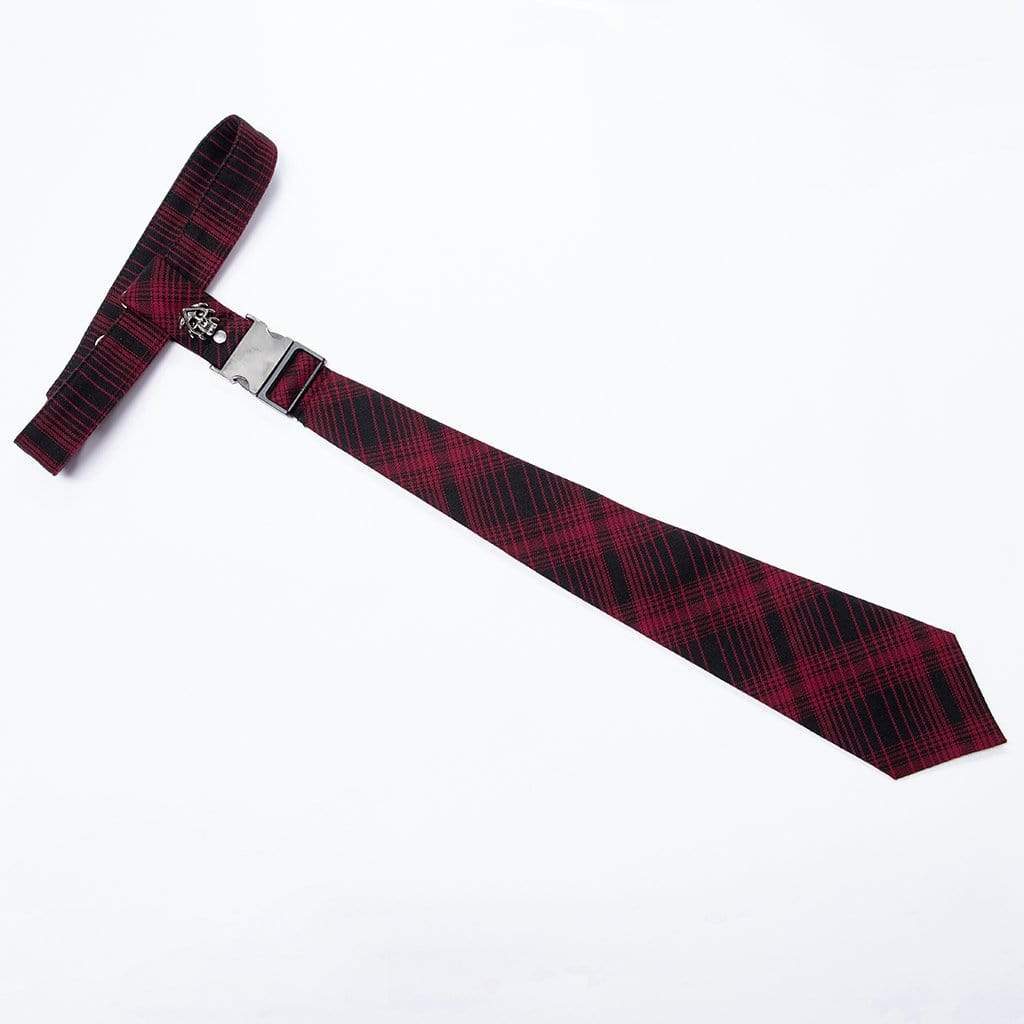 Men's Punk Skull Buckle Red Plaid Necktie