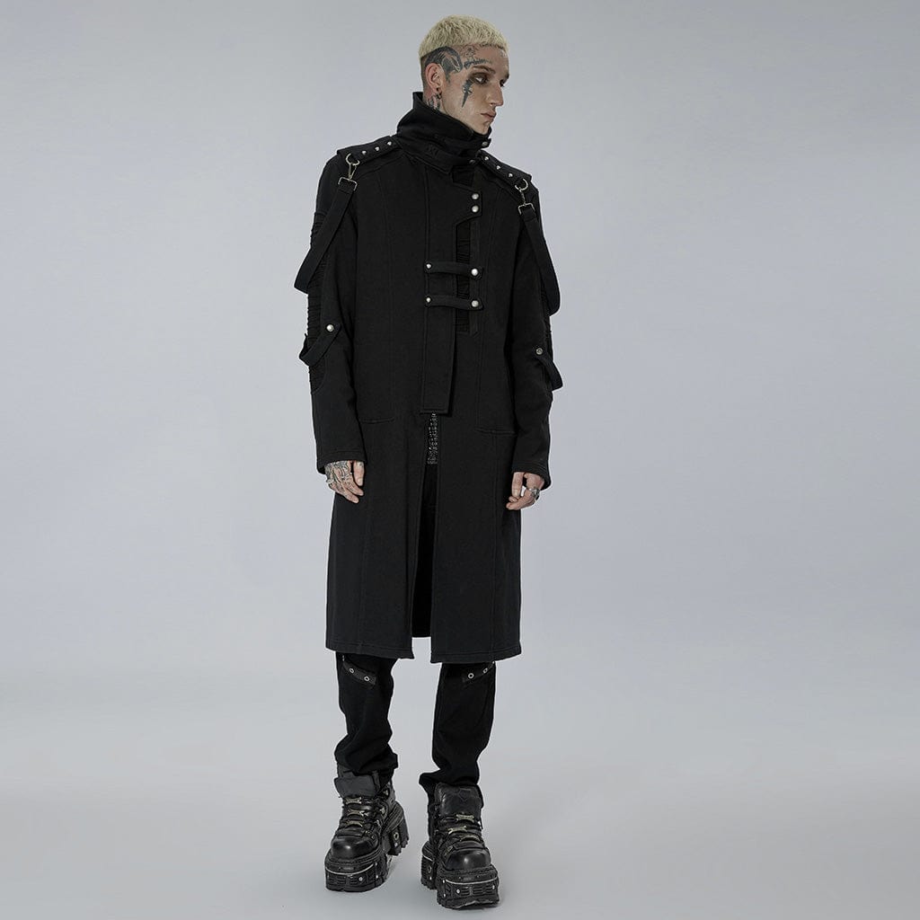 PUNK RAVE Men's Punk Stand Collar Asymmetric Zipper Long Coat