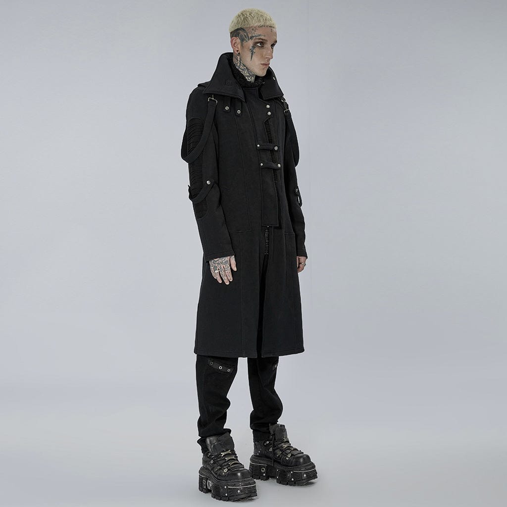 PUNK RAVE Men's Punk Stand Collar Asymmetric Zipper Long Coat