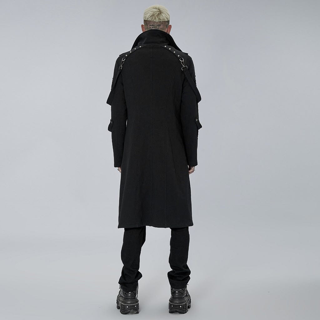 PUNK RAVE Men's Punk Stand Collar Asymmetric Zipper Long Coat