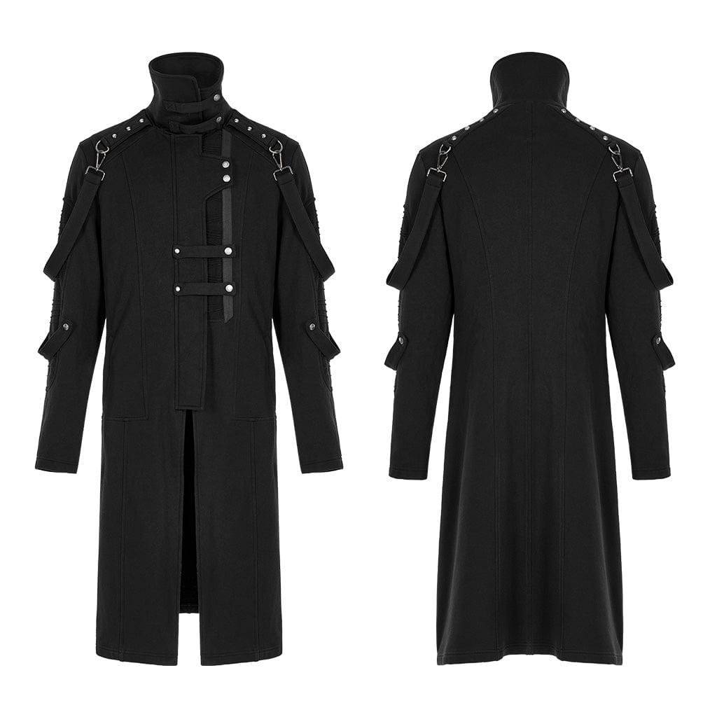 PUNK RAVE Men's Punk Stand Collar Asymmetric Zipper Long Coat