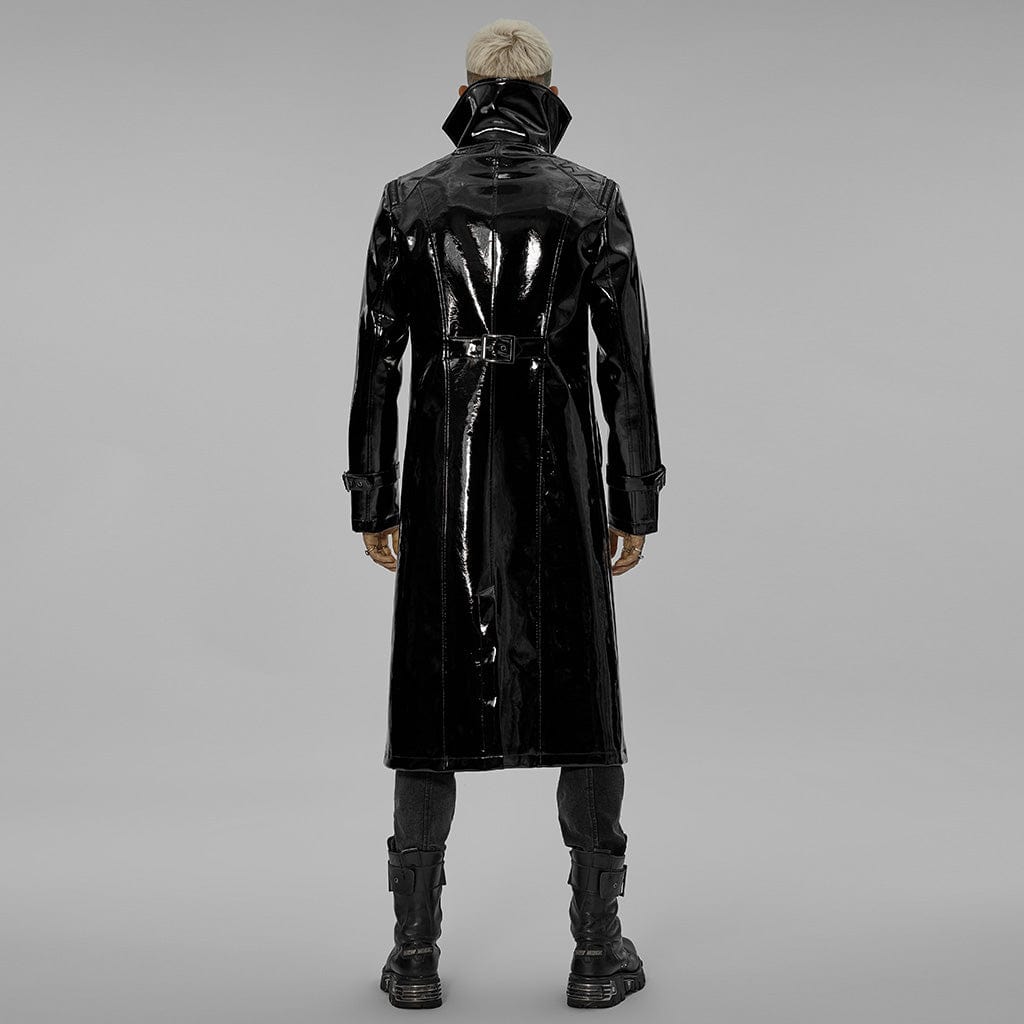 PUNK RAVE Men's Punk Stand Collar Patent Leather Long Coat