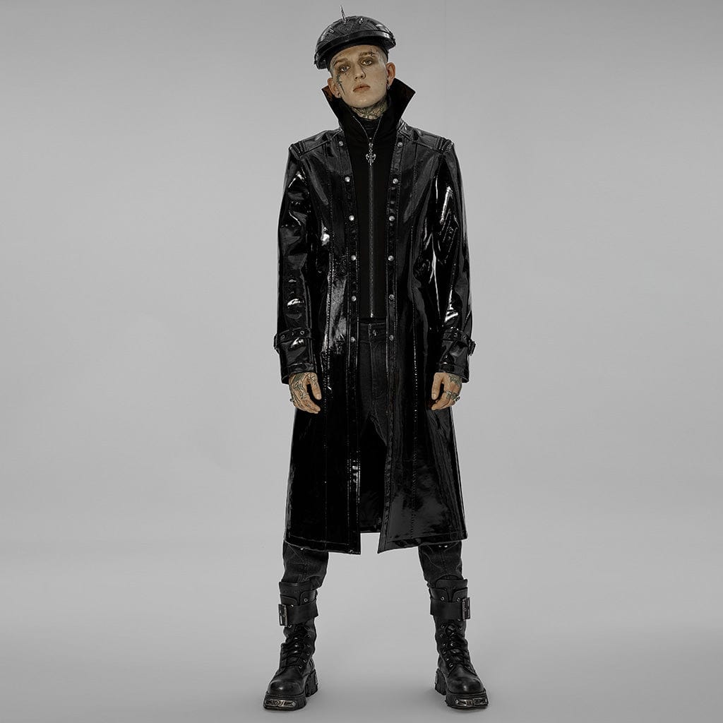 PUNK RAVE Men's Punk Stand Collar Patent Leather Long Coat