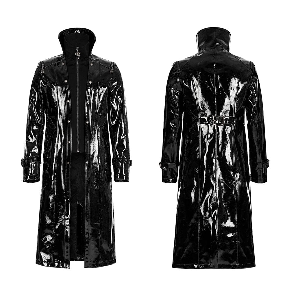 PUNK RAVE Men's Punk Stand Collar Patent Leather Long Coat