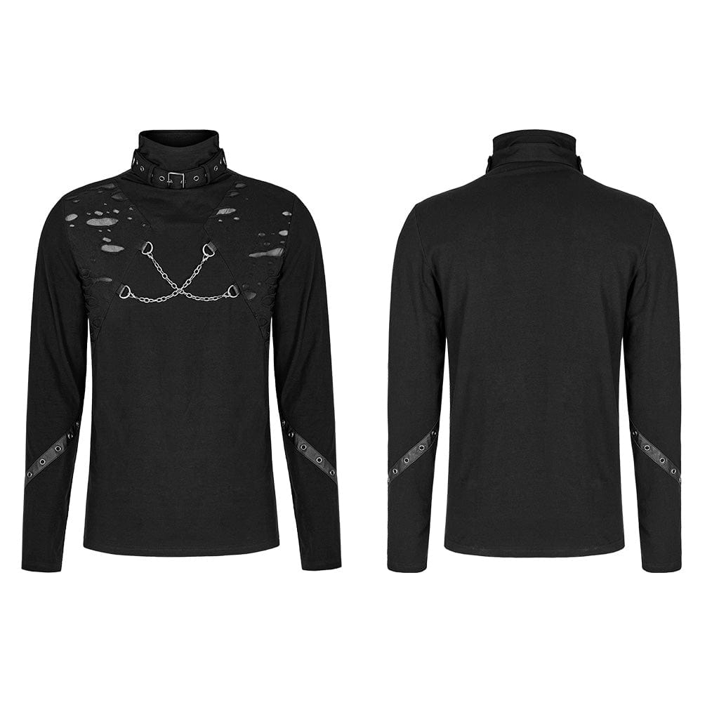 PUNK RAVE Men's Punk Stand Collar Ripped Shirt