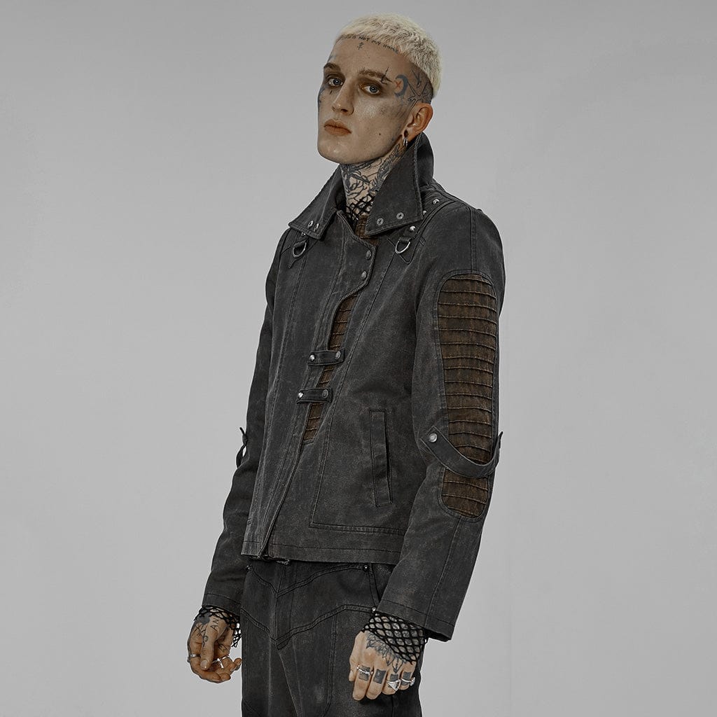 PUNK RAVE Men's Punk Stand Collar Splice Distressed Jacket