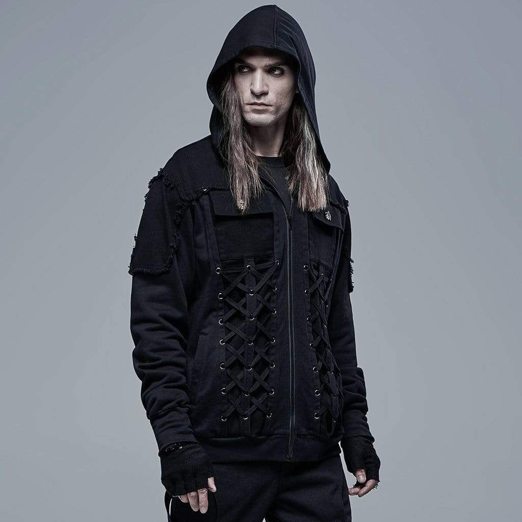 Men's Punk Strappy Multi Pockets Jacket with Hood