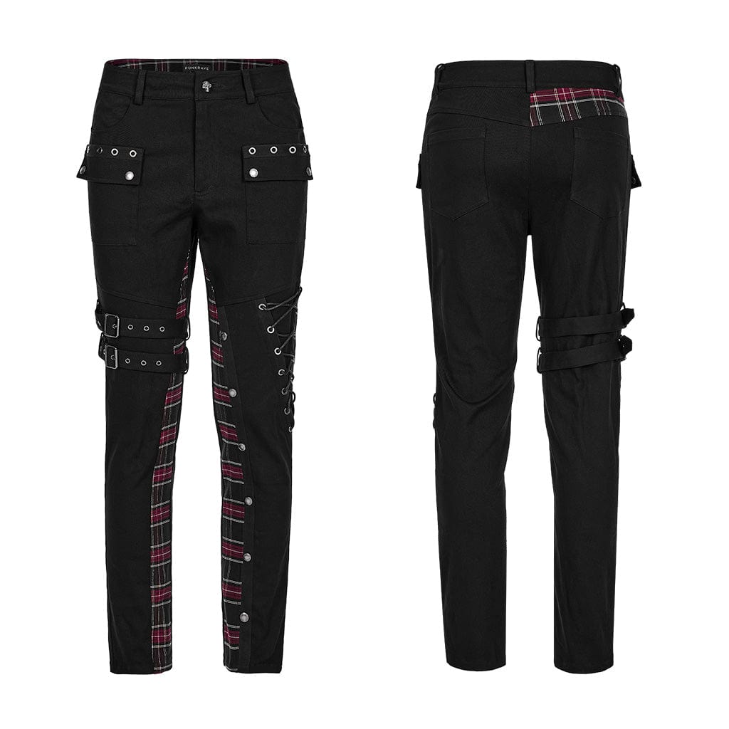 PUNK RAVE Men's Punk Strappy Plaid Splice Pants with Straps