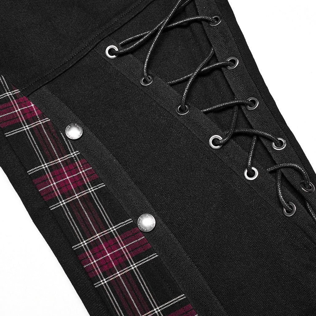 PUNK RAVE Men's Punk Strappy Plaid Splice Pants with Straps