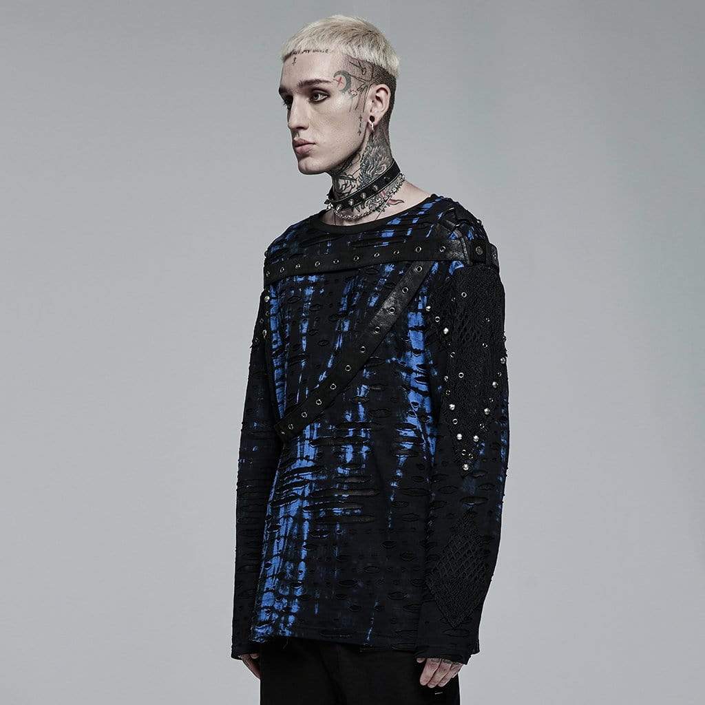 Punk Rave Men's Punk Tie-dyed Mesh Splice Ripped Top