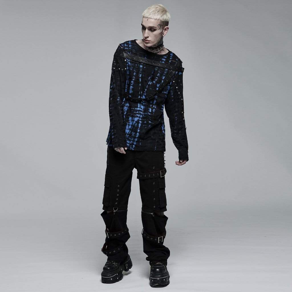 Punk Rave Men's Punk Tie-dyed Mesh Splice Ripped Top