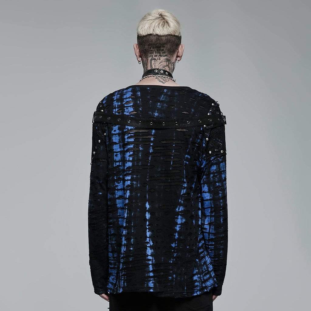 Punk Rave Men's Punk Tie-dyed Mesh Splice Ripped Top