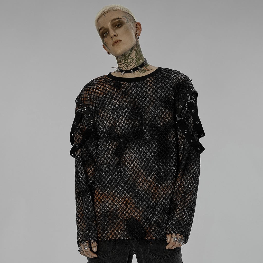 PUNK RAVE Men's Punk Tie-dyed Splice Mesh Shirt