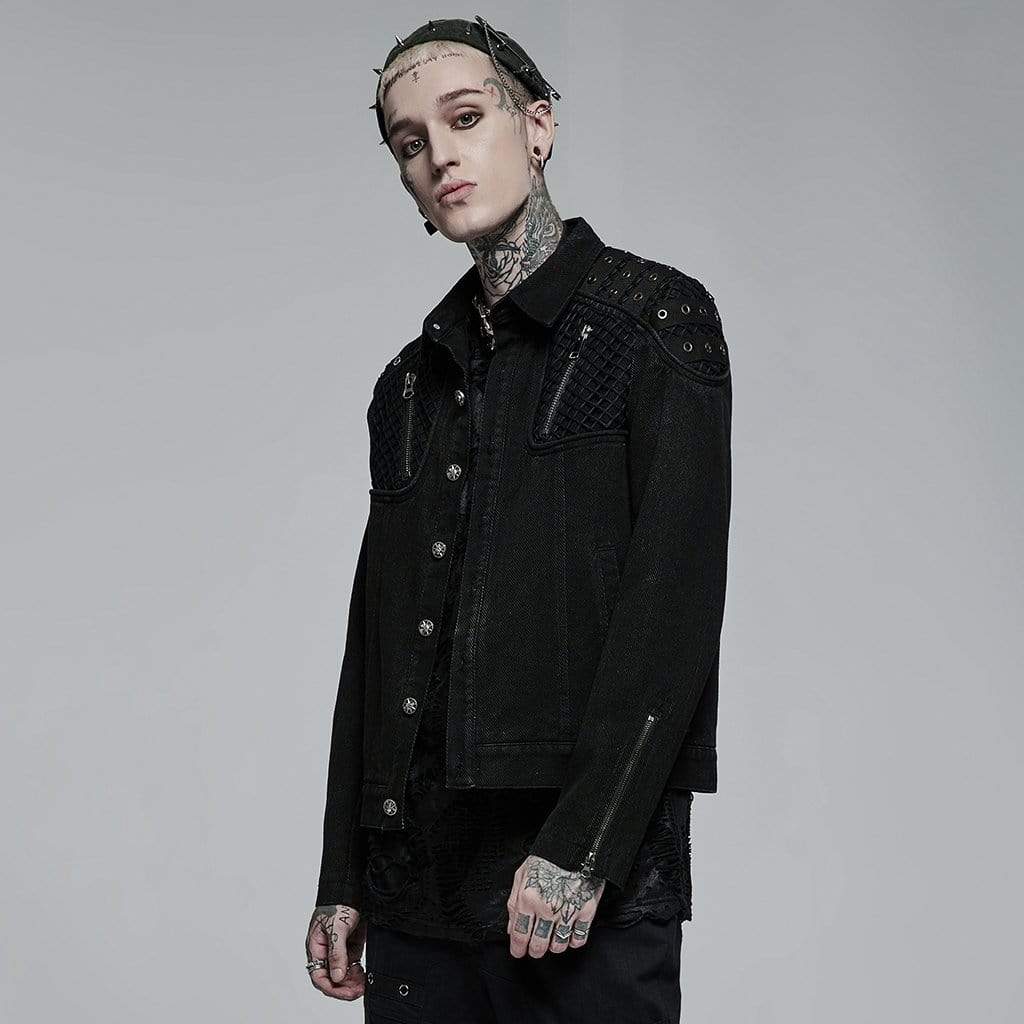 Punk Rave Men's Punk Turn-down Collar Mesh Splice Jacket