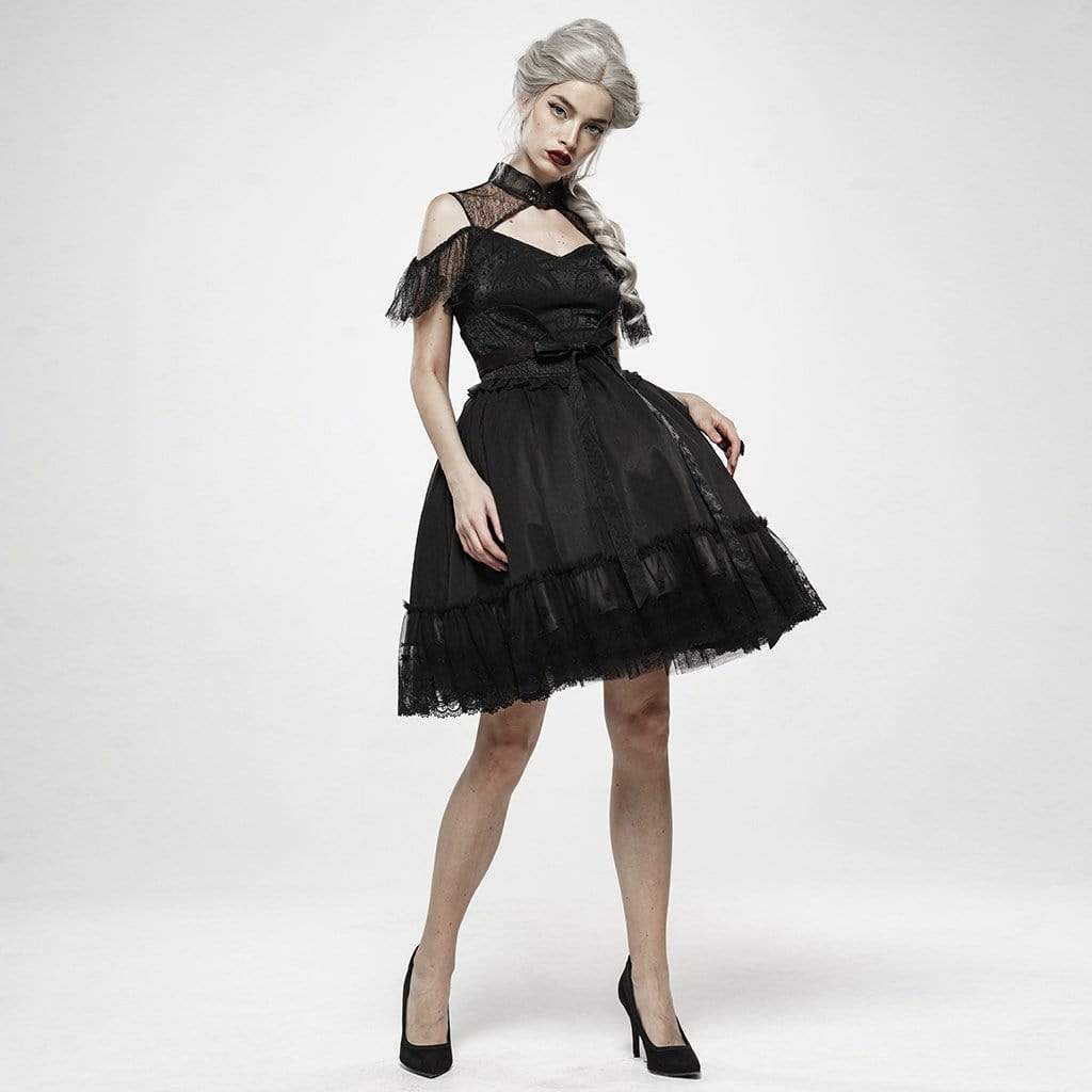 Women's Cheongsam Style Cutout Lace Black Little Dresses With Big Bowknot