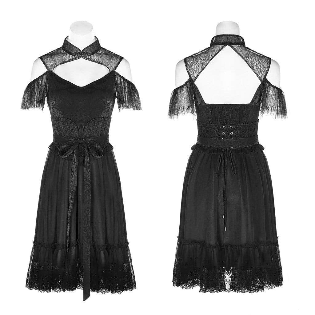 Women's Cheongsam Style Cutout Lace Black Little Dresses With Big Bowknot