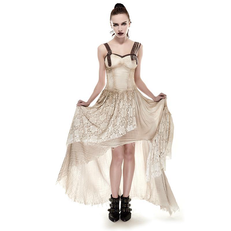 Women's Steampunk Irregular Lace Maxi Slip Dress Khaki