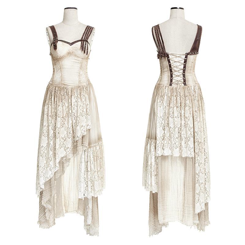 Women's Steampunk Irregular Lace Maxi Slip Dress Khaki