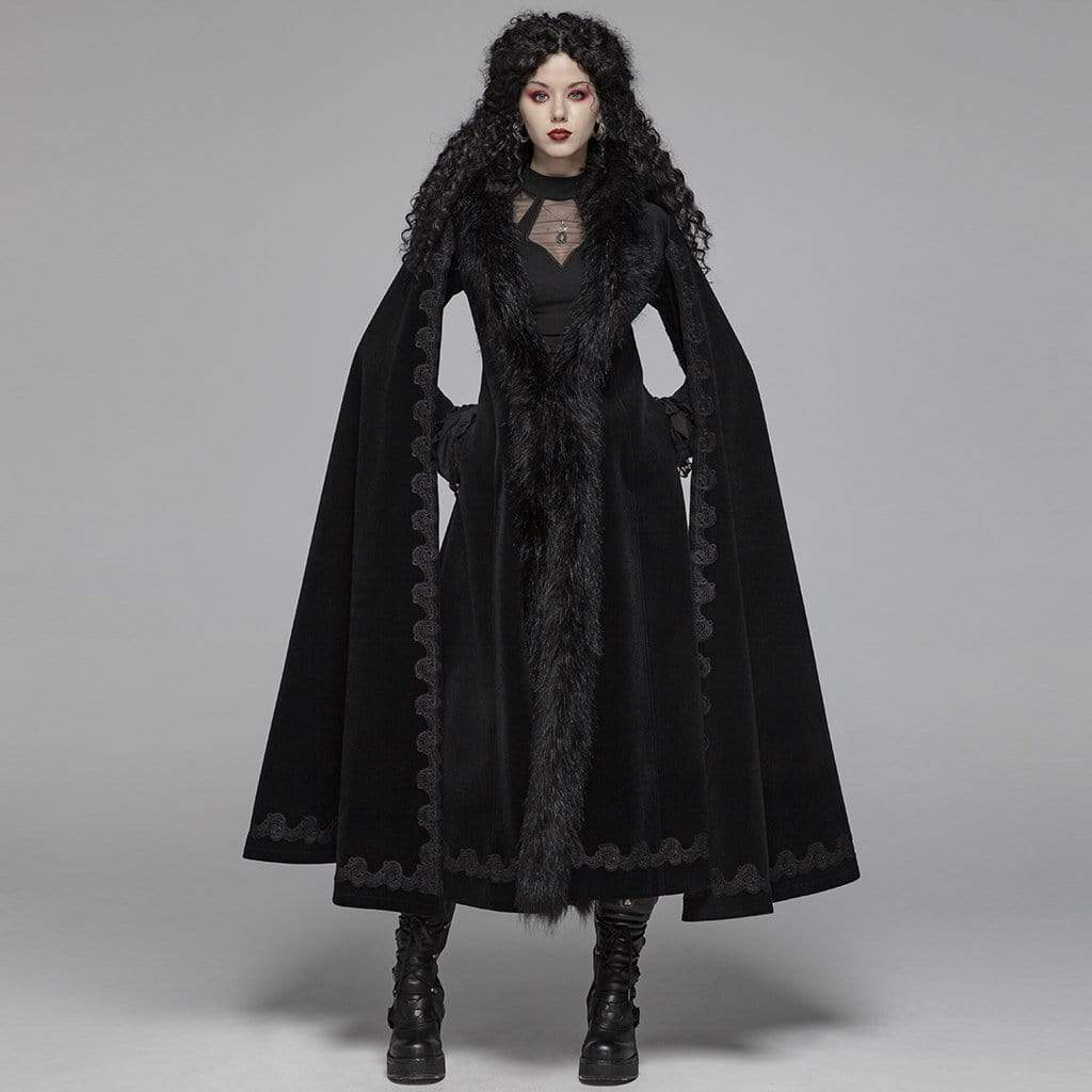 Women's Goth Embroideried Woolen Maxi Coat With Fur Collar