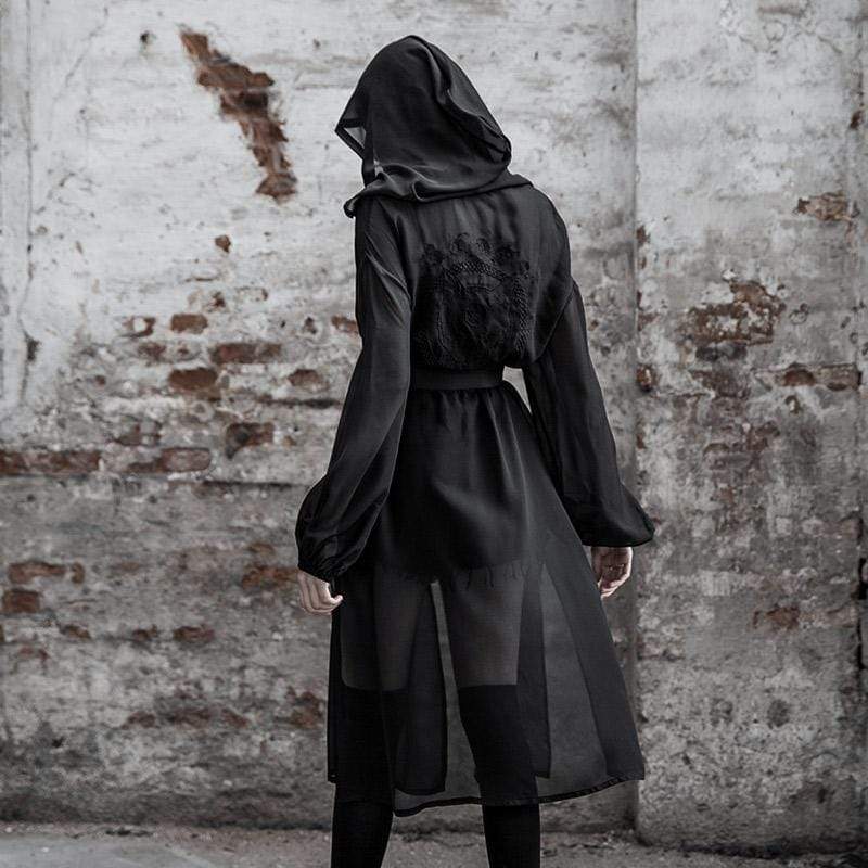 Women's Goth Embroidery Long Coat With Witchy Hood