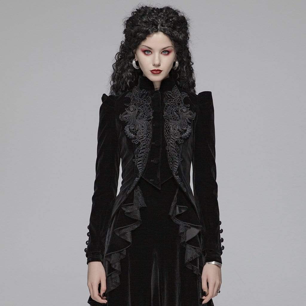 Women's Goth Floral Embroideried Puff Sleeved Velet Short Jackets