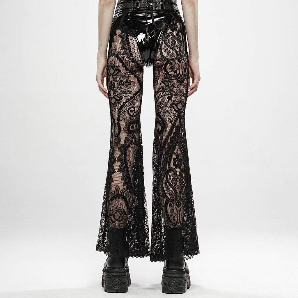 Women's Goth Floral Lace Sheer Flared Pants