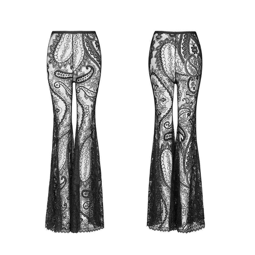 Women's Goth Floral Lace Sheer Flared Pants