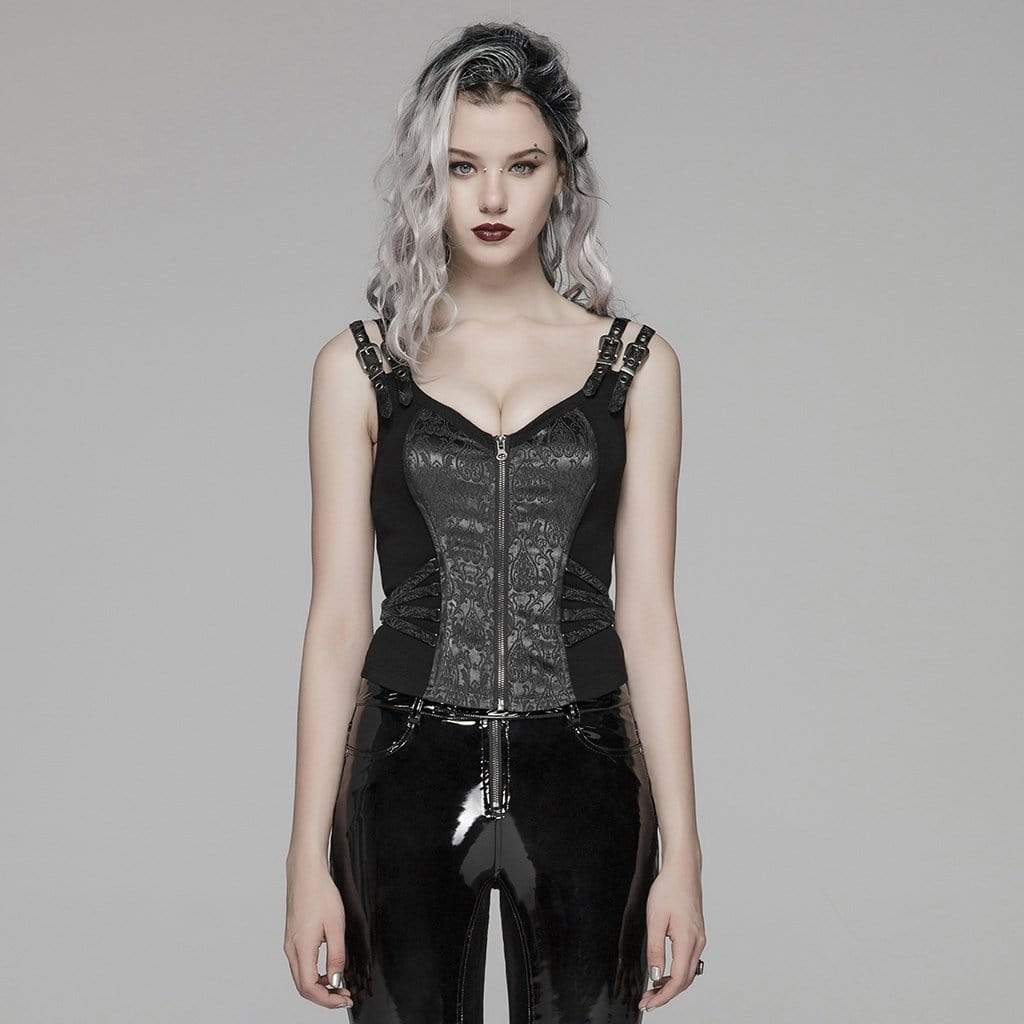 Women's Goth Front Zipper Lacing Jacquard Vest