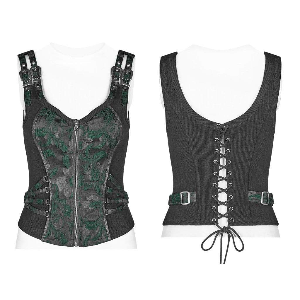 Women's Goth Front Zipper Lacing Jacquard Vest