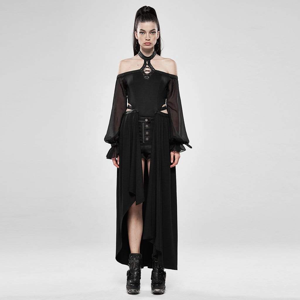 Women's Goth Halterneck Jumpsuit With Detachable Half Skirt