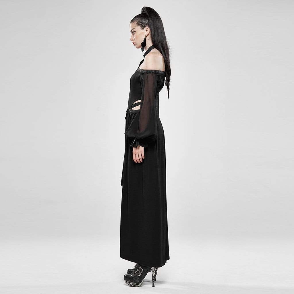 Women's Goth Halterneck Jumpsuit With Detachable Half Skirt